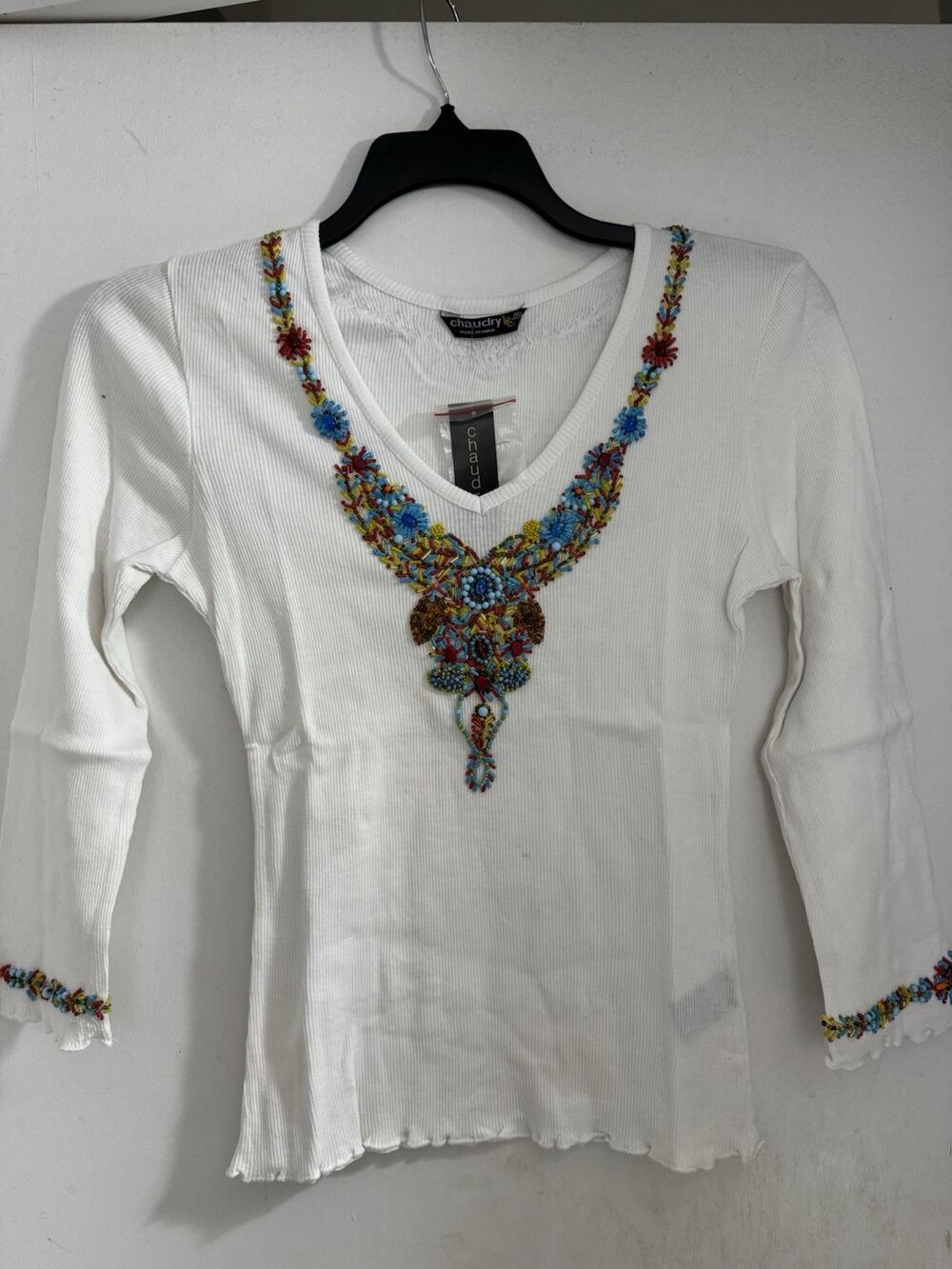 Chaudry KC Women’s White Ribbed Beaded Long Sleeve M Lettuce Trim 100% Cotton